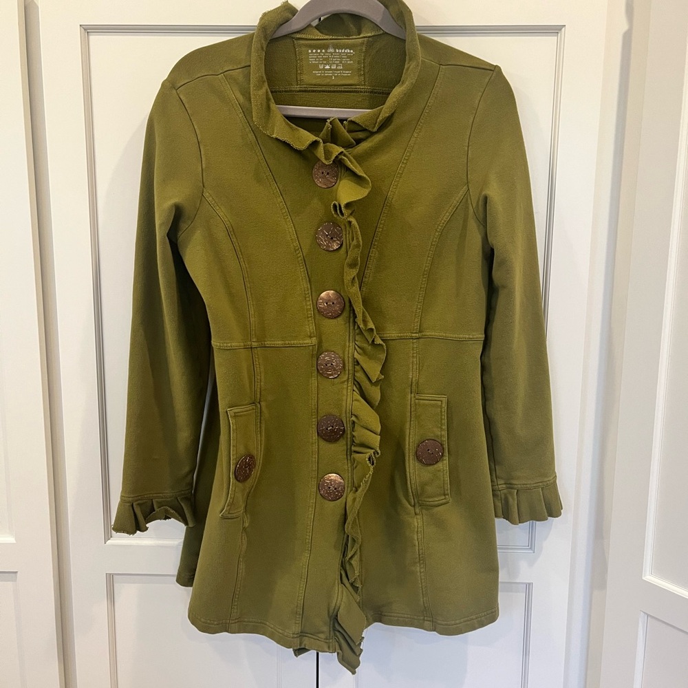 Neon Buddha Olive Green Ruffle-Trim Jacket